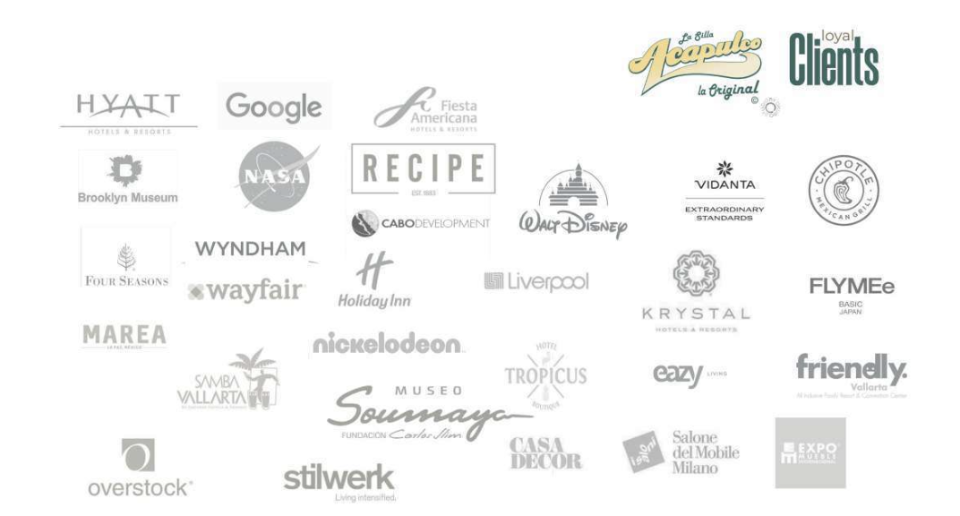 Marcas y hoteles con los que hemos trabajado: Hyatt, Four Seasons, Fiesta Americana, Krystal, Vidanta, Wyndham, Holiday Inn, Google, NASA, Walt Disney, Nickelodeon, Chipotle, Liverpool, Wayfair, Overstock, entre otros