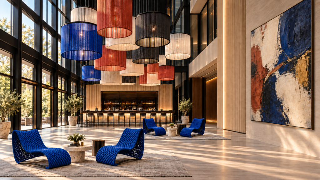 Lobby de hotel con camastros tejidos en color azul y lámparas tejidas de La Silla Acapulco