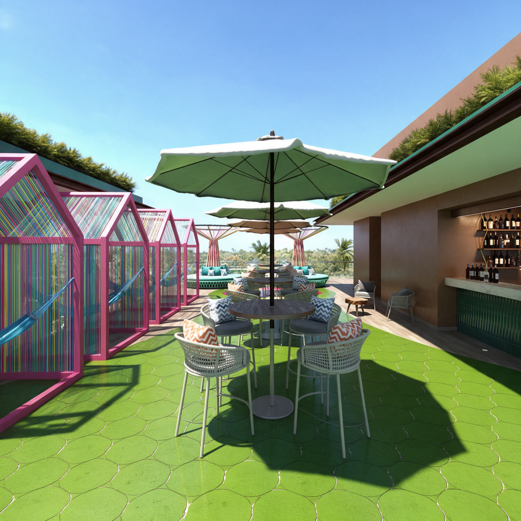 Terraza rooftop con periqueras tejidas y cabañas de hamacas – La Silla Acapulco