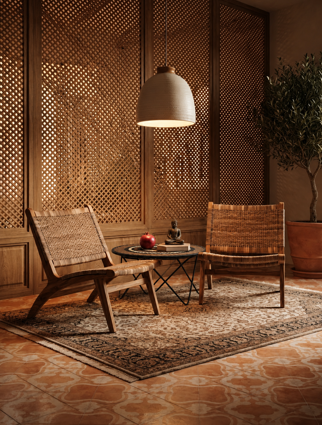 conjunto 2 mimbre 1 orquidea Conjunto Laguna Conjunto Laguna: 2 sillones Bacalar Mimbre y Mesa Orquídea en una sala cálida con celosía de madera