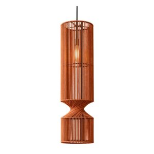 Moma Lamp 1: lámpara colgante de metal tejida con cordón de PVC y nylon color terracota, forma cilíndrica con cintura torcida