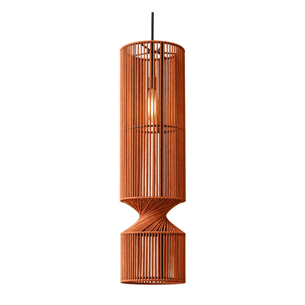 Moma Lamp 1: lámpara colgante de metal tejida con cordón de PVC y nylon color terracota, forma cilíndrica con cintura torcida