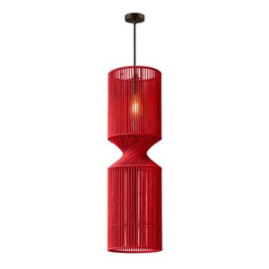 Moma Lamp 2: lámpara colgante de metal tejida con cordón de PVC y nylon color rojo, forma de reloj de arena torcido